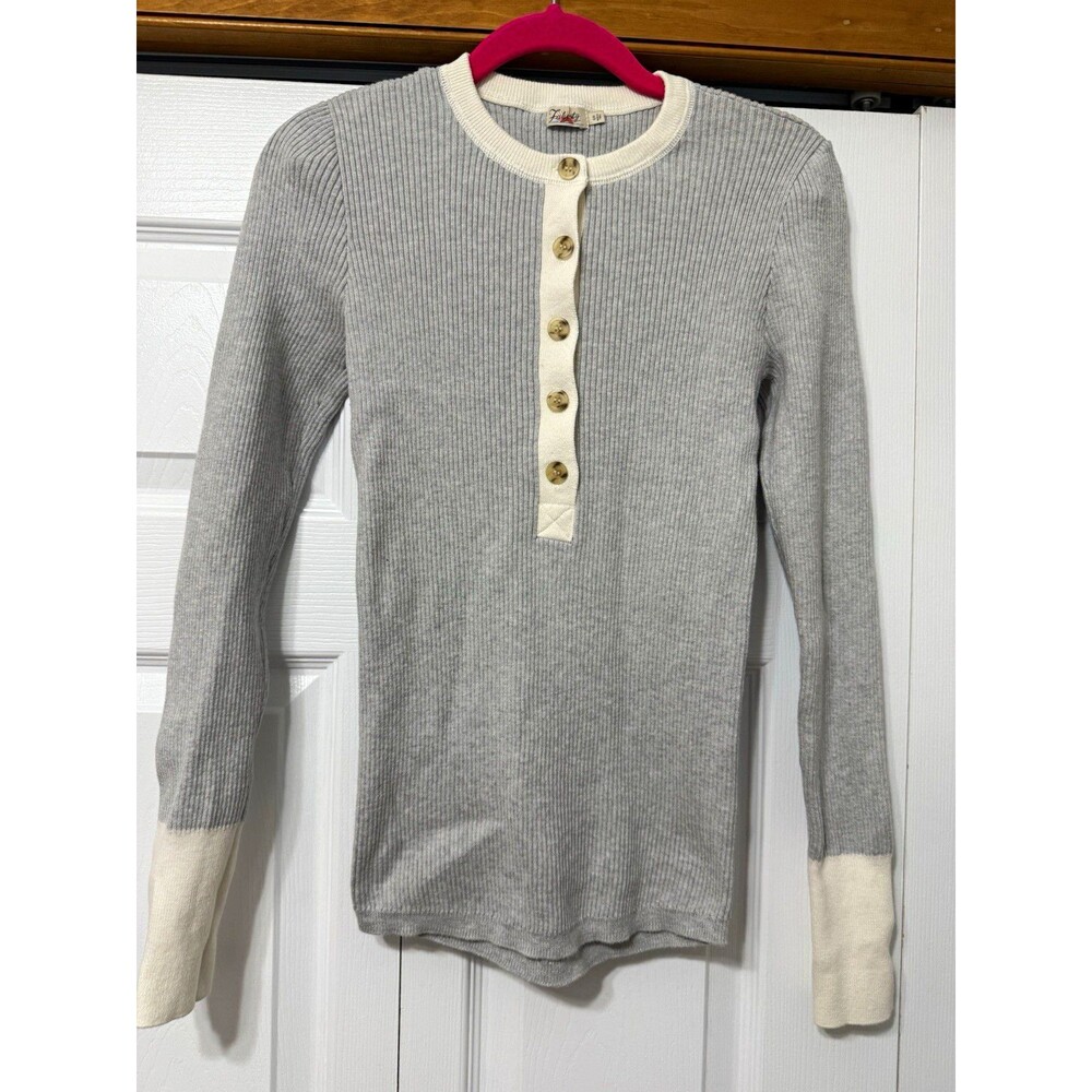 Faherty Cotton Cashmere Rib-Knit Henley Button Sweater – Gray/White – S